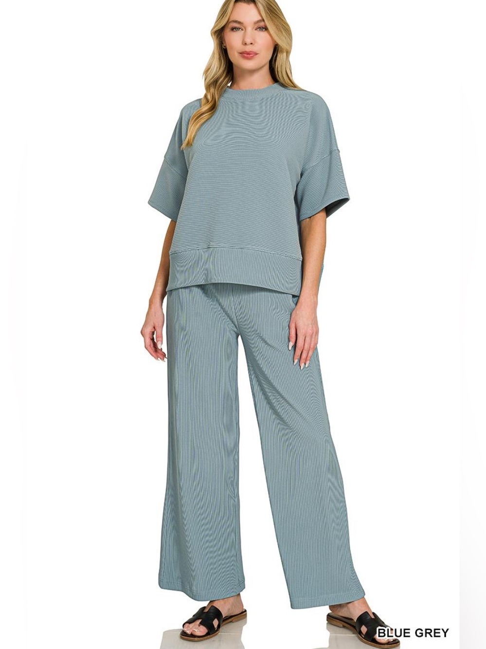 Size M Zenana Relaxed Wide-Leg & Top Set in Blue Grey